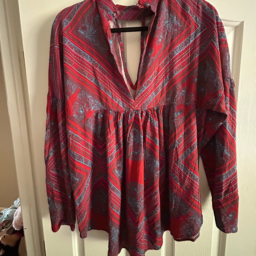 Free People Red and Gray Patterned Blouse